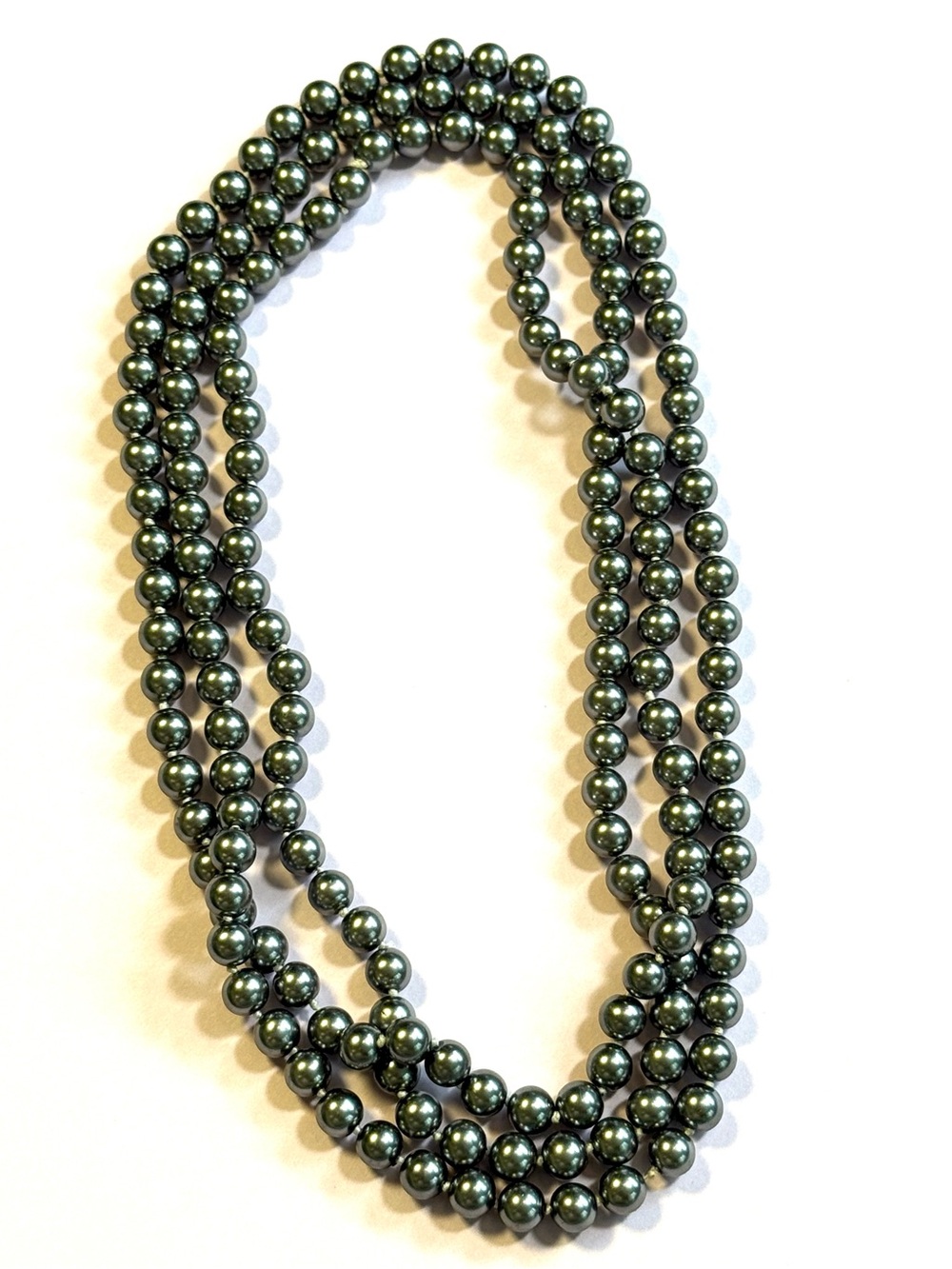 Vintage Gray Faux Pearl Long Endless Strand Layering Bead Necklace Silver Tone